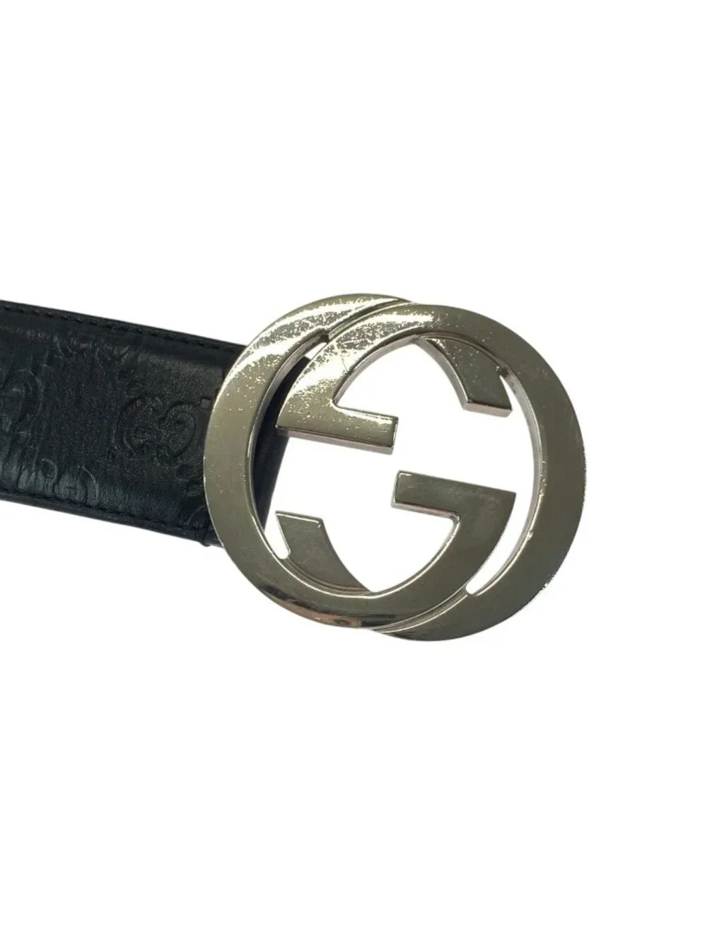 Gucci Guccissima Interlocking 85 Black Silver Leather Belt Buckle